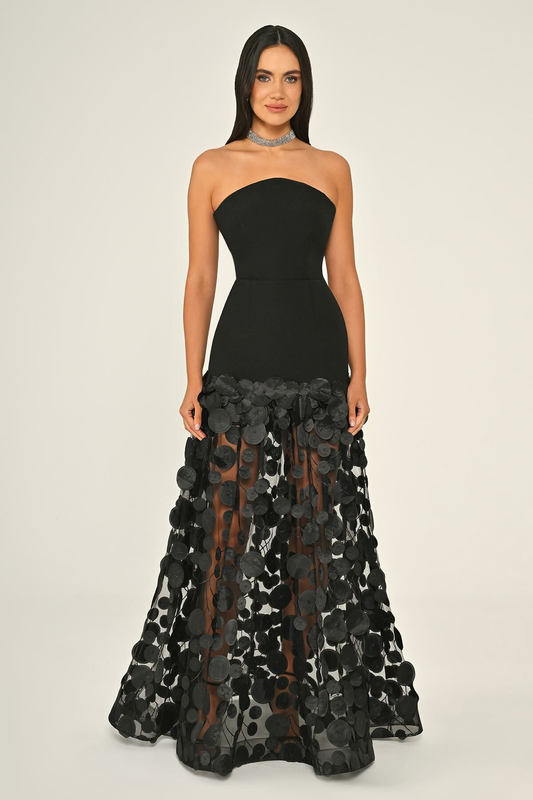 Krep Eteği 3 Boyutlu Tül Uzun Abiye Elbise Alfa Beta B7067