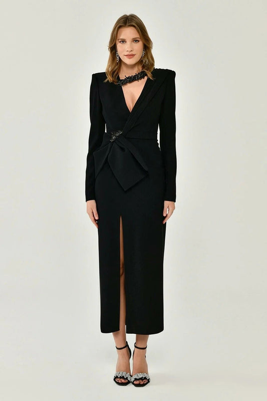 Alfa Beta Uzun Kollu Vatkalı V Midi Abiye Elbise 38-1 Siyah