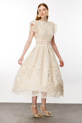 Nefeli Midi Dantel Elbise - Vintage Bohemian Stil - Fırfırlı Detaylar