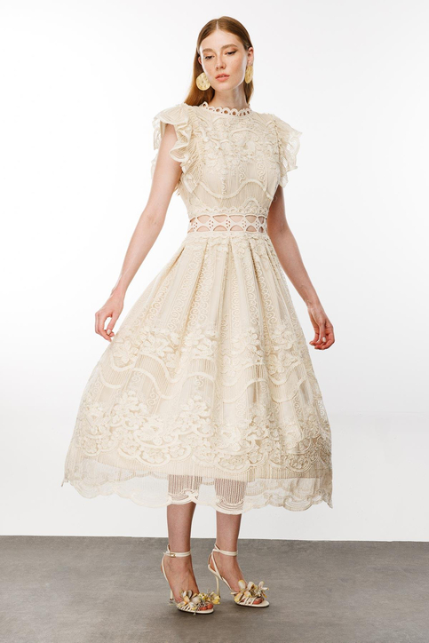 Nefeli Midi Dantel Elbise - Vintage Bohemian Stil - Fırfırlı Detaylar