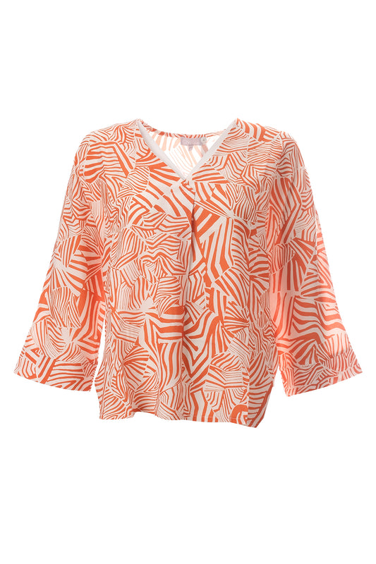 Canel Oversize V Yaka 3/4 Kol Kadın Bluz - Geometrik Desen