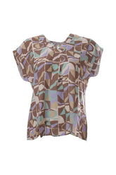 Canel V Yaka Kısa Kol Oversize Minimalist Kadın Bluz - Geometrik Desen