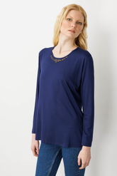 Kadın Sıfır Yaka Boncuk İşlemeli Penye Bluz SiyahDesen