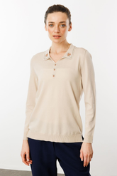 Kadın Polo Yaka Yakası Nakışlı Yazlık Triko Bluz Desen