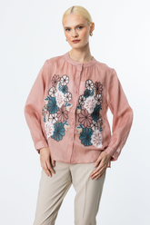 Ekol Çiçek İşlemeli Keten Bluz
