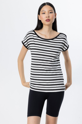 On Minimalist Oversize Çizgili Kadın Bluz - Kısa Kol Yuvarlak Yaka