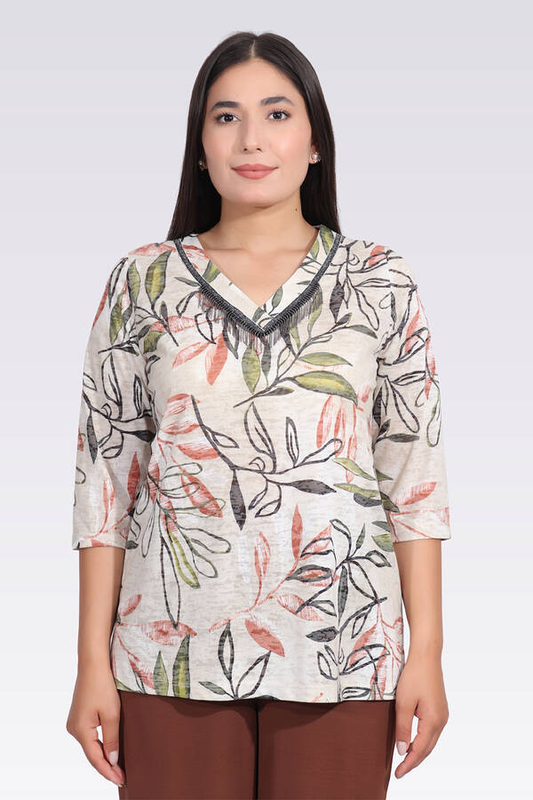 ŞERİT DETAYLI DESENLİ BÜYÜK BEDEN BLUZ Tolga Saraçoğlu