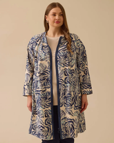 Gala-xi Desenli Oversize Midi Kadın Ceket - Fermuarlı, Uzun Kol