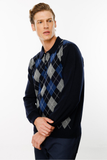 Desen Erkek Uzun Kol Polo Yaka Kazak - Minimalist Argyle Desen