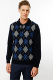 Desen Erkek Uzun Kol Polo Yaka Kazak - Minimalist Argyle Desen