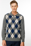 Desen Erkek Uzun Kol Polo Yaka Kazak - Minimalist Argyle Desen