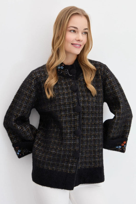 Desen Oversize Nakışlı 3/4 Kol Kadın Ceket - Vintage Stil