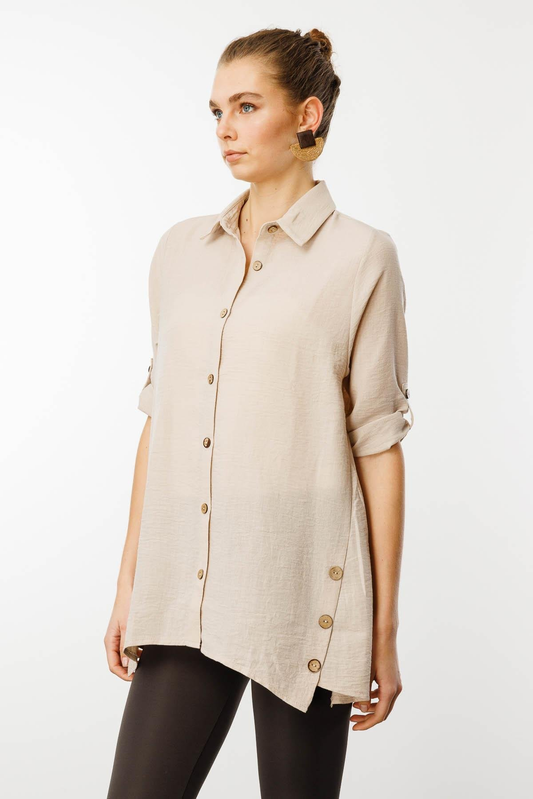 Desen Oversize Keten Gömlek - Minimalist 3/4 Kol