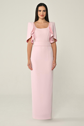 Dökümlü Kol Şerit Taşlı Krep Uzun Elbise Alfa Beta