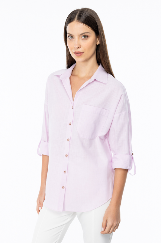 Ekol Oversize Gömlek Yaka 3/4 Kol Kadın Bluz - Minimalist Tarz