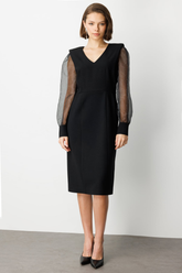 Ekol Kolları Taşlı V Yaka Midi Elbise 26KEKL04025