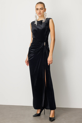 Ekol Beli Büzgülü Maxi Kadife Elbise