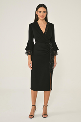 V Yaka Bocuklu Kumaş Detaylı Krep Midi Abiye Elbise Alfa Beta