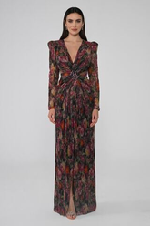 V Yaka Taşlı Tokalı Vatkalı Piliseli Kumaş Uzun Abiye Elbise Alfa Beta