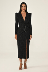 Uzun Kollu Derin V Yaka Vatkalı Yırtmaçlı Payet Midi Elbise Alfa Beta