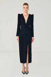 V Yaka Uzun Kollu Yırtmaçlı Uzun Abiye Elbise Alfabeta