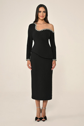 Üstü Asimetrik Kesim Taşlı Krep Midi Abiye Elbise Alfabeta