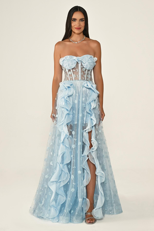 Straplez Korse Transparan Bel Tül Uzun Elbise Alfabeta