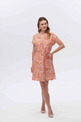 Canel Kısa Kol V Yaka Midi Elbise - Minimalist Desen - Günlük Kullanım