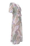 Canel V Yaka Midi Şifon Elbise - Bohemian Tarzı Yaprak Desen