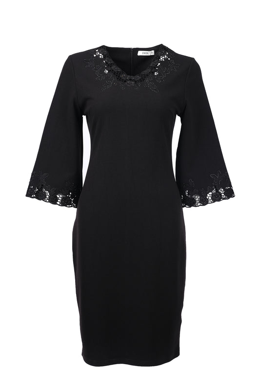 Ekol Dantelli 3/4 Kol Midi Elbise - Minimalist & Şık