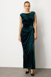 Ekol Beli Büzgülü Maxi Kadife Elbise