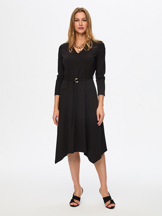 Kemer Deytaylı Uzun Kollu Örme Elbise Faik Sönmez