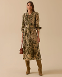 Seçil fular yakalı desenli kemer detaylı elbise