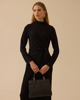 dik yaka bağlama detaylı midi elbise Seçil