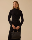 dik yaka bağlama detaylı midi elbise Seçil