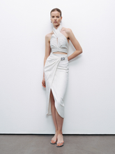 Metal Aksesuarlı Çizgili Keten Midi Etek Nocturne