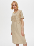 Faik Sönmez Kadın Yaprak Nakış Detaylı File Garnili Keten Karışımlı Elbise
