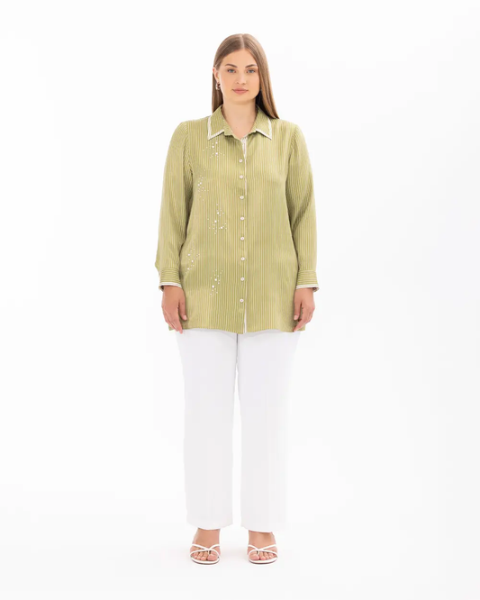 Gala-xi büyük beden boncuk i̇şlemeli uzun kol gömlek