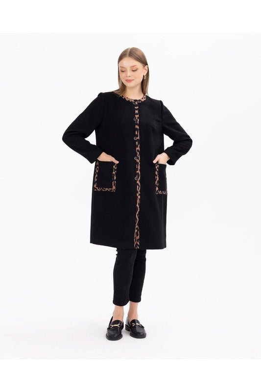 Gala-xi Minimalist Leopar Detaylı Uzun Kadın Kaban - Sonbahar Kış
