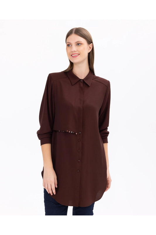 Gala-xi Minimalist Oversize Gömlek Yaka Midi Kadın Tunik - Günlük