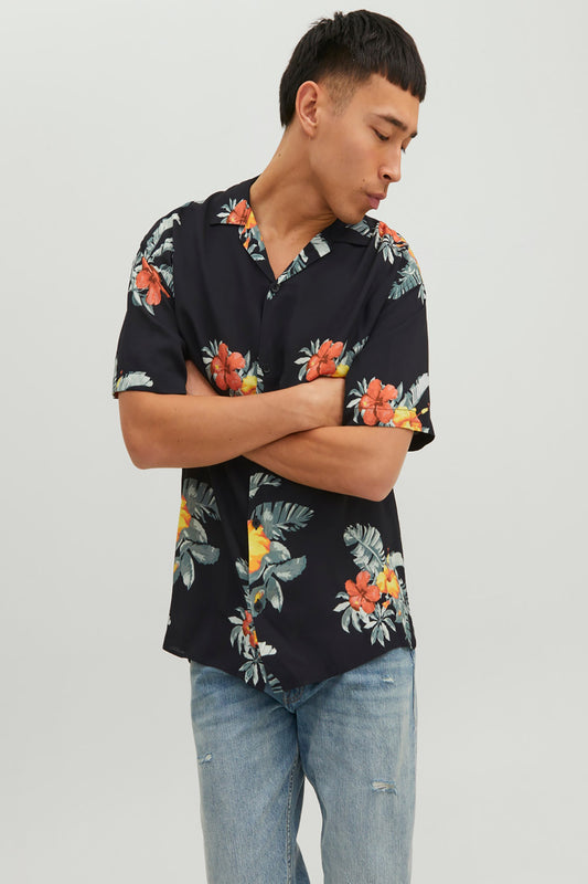 Jack&Jones Oversize Kısa Kol Tropikal Desen Erkek Gömleği - Rahat Kesim