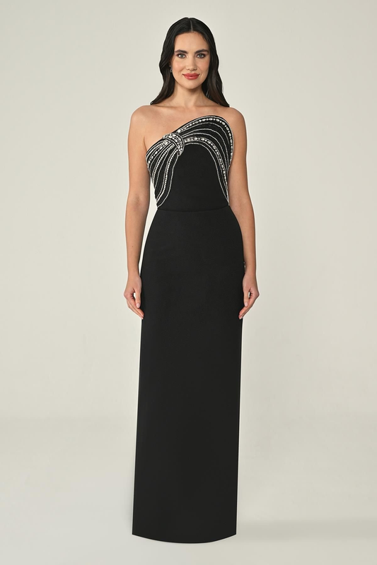 Halter Yaka Boncuklu Krep Midi Abiye Elbise Alfa Beta