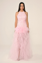 Halter Yaka Üst 3 Boyut Çiçekli Eteği Katlı Tül Uzun Abiye Elbise Alfa Beta