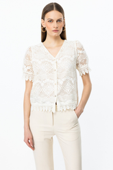 On Kadın V Yaka Kısa Kol Dantel Hırka - Minimalist Tarz