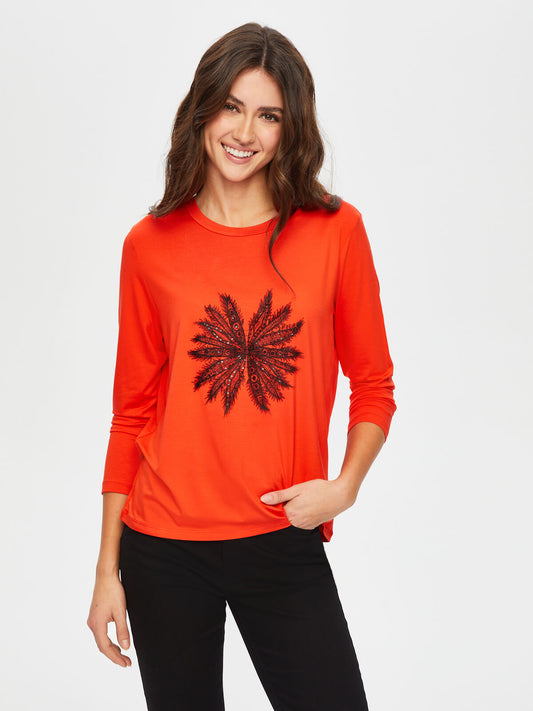 Kadın Önü Çiçek Dantel Aplikeli Yuvarlak Yaka T-Shirt Faik Sönmez