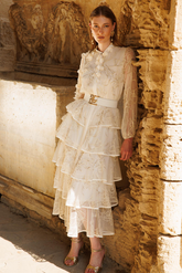 Nefeli Midi Katlı Şifon Elbise - Uzun Kol - Bohemian Stil