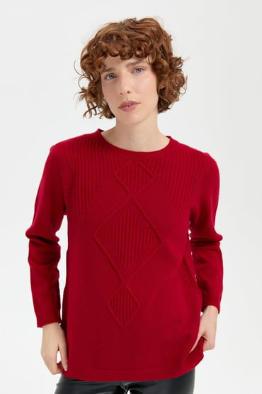 Kadın Sıfır Yaka Dikişsiz Önü Selanik Baklava Örgü Yün Kazak Desen