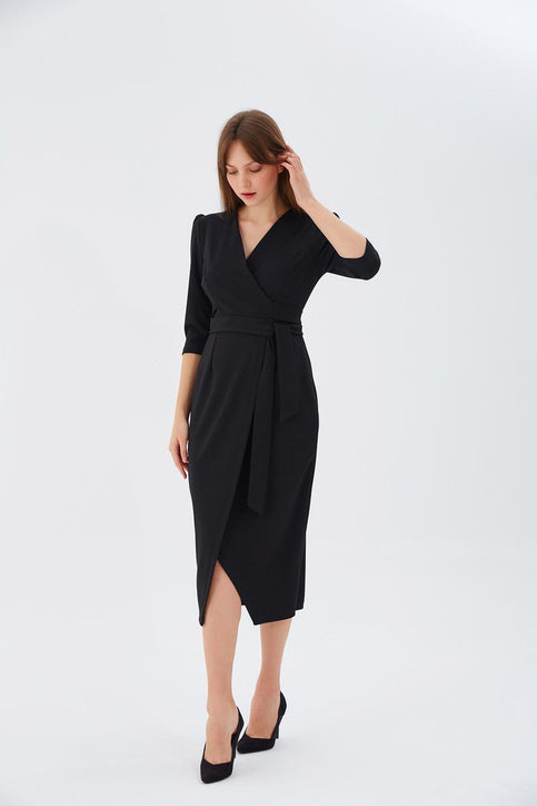 Kruvaze Bağlamalı Abiye Elbise Nefeli 40 Siyah