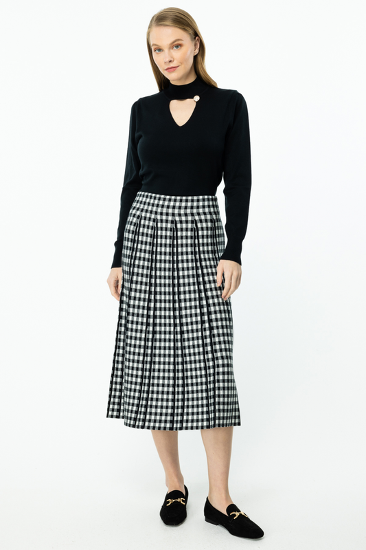 On Kadın Midi Pileli Gingham Etek - Vintage Minimalist Stil