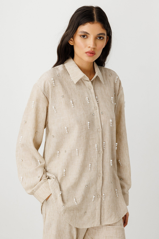 On Minimalist İnci Detaylı Oversize Keten Kadın Gömlek